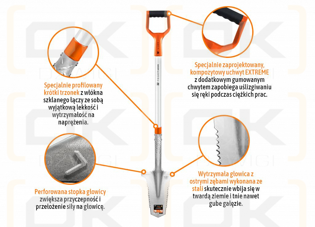 Pala dentada con mango de fibra de vidrio, (longitud 1150 mm) Extreme, Teger