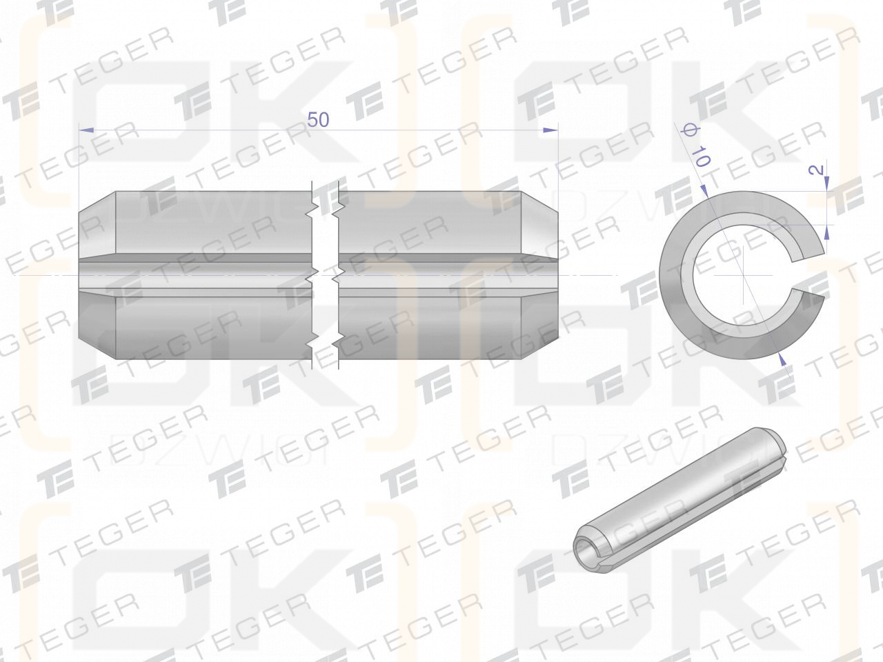 Satz mit 10 x 50 TEGER-Federstiften (im 10er-Satz erhältlich)