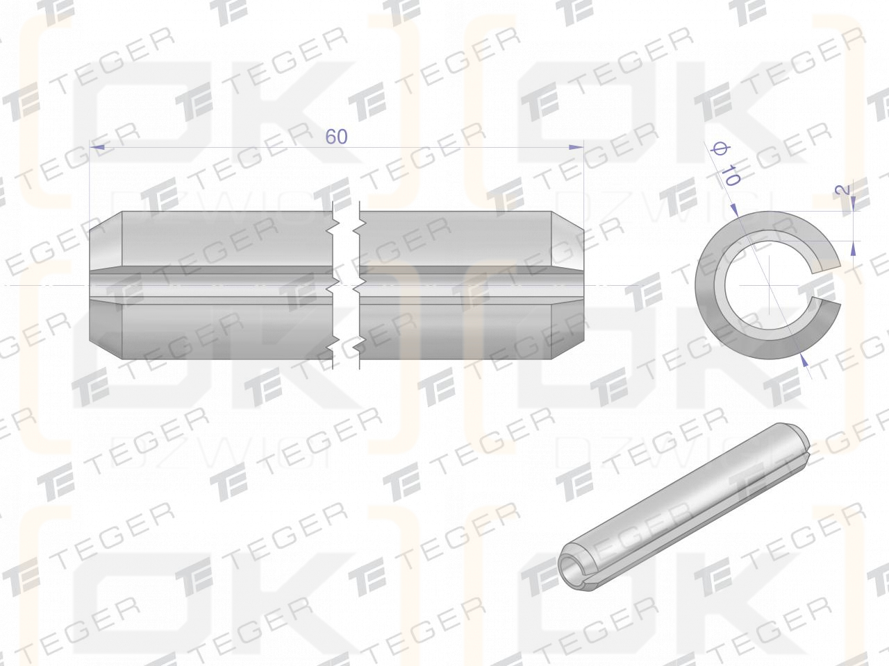 Satz mit 10 x 60 TEGER-Federstiften (im 10er-Satz erhältlich)