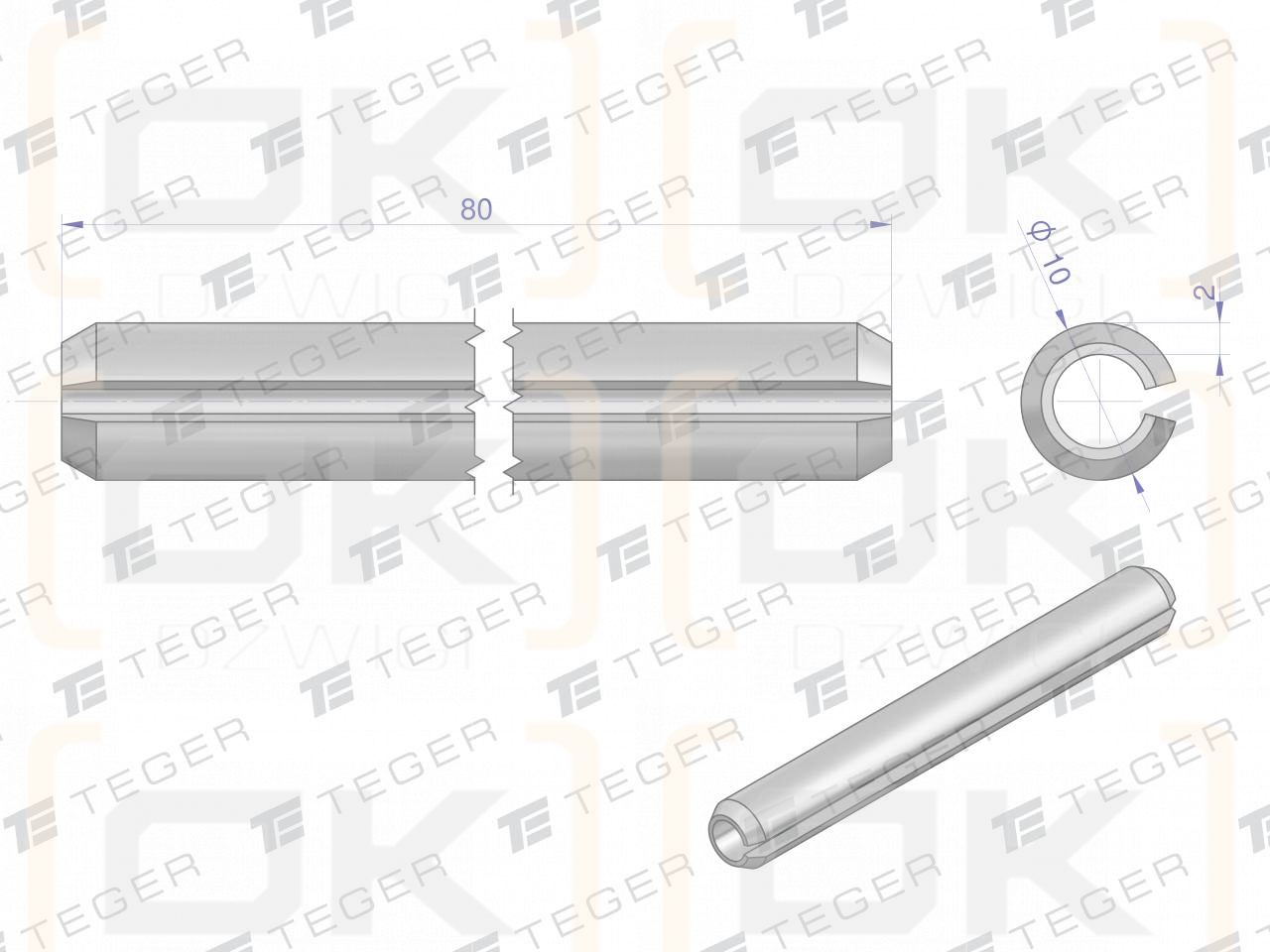 Satz mit 10 x 80 TEGER-Federstiften (im 10er-Satz erhältlich)