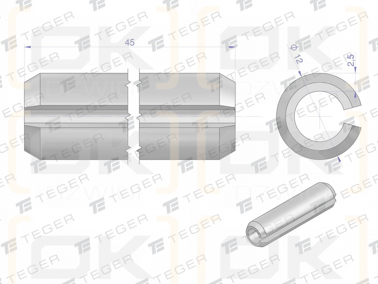 Satz mit 12 x 45 TEGER-Federstiften (im 10er-Satz erhältlich)