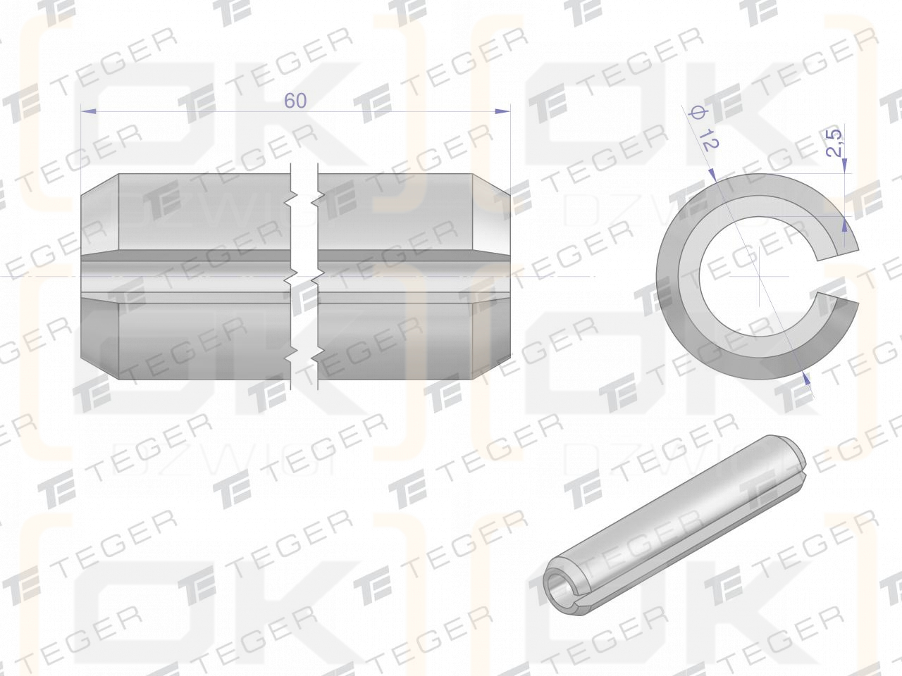 Satz mit 12 x 60 TEGER-Federstiften (im 10er-Satz erhältlich)