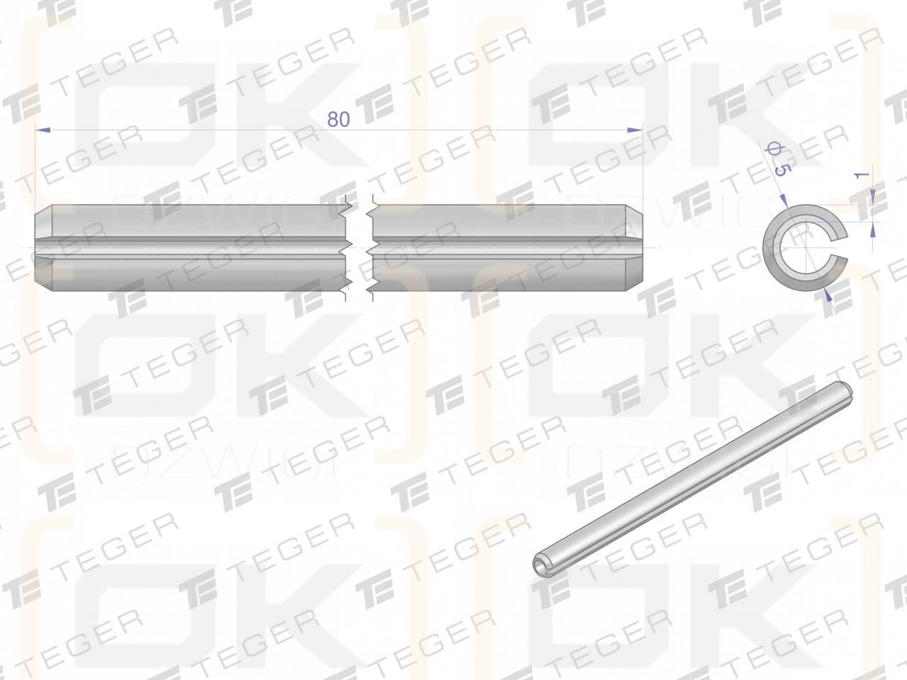 Satz mit 5 x 80 TEGER-Federstiften (im 10er-Satz erhältlich)