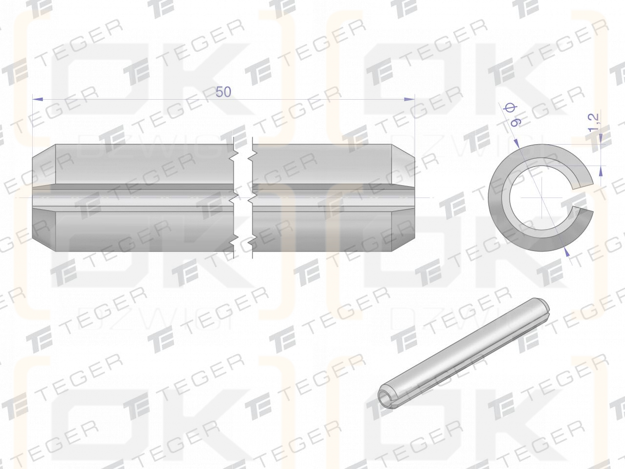 Satz mit 6 x 50 TEGER-Federstiften (im 10er-Satz erhältlich)