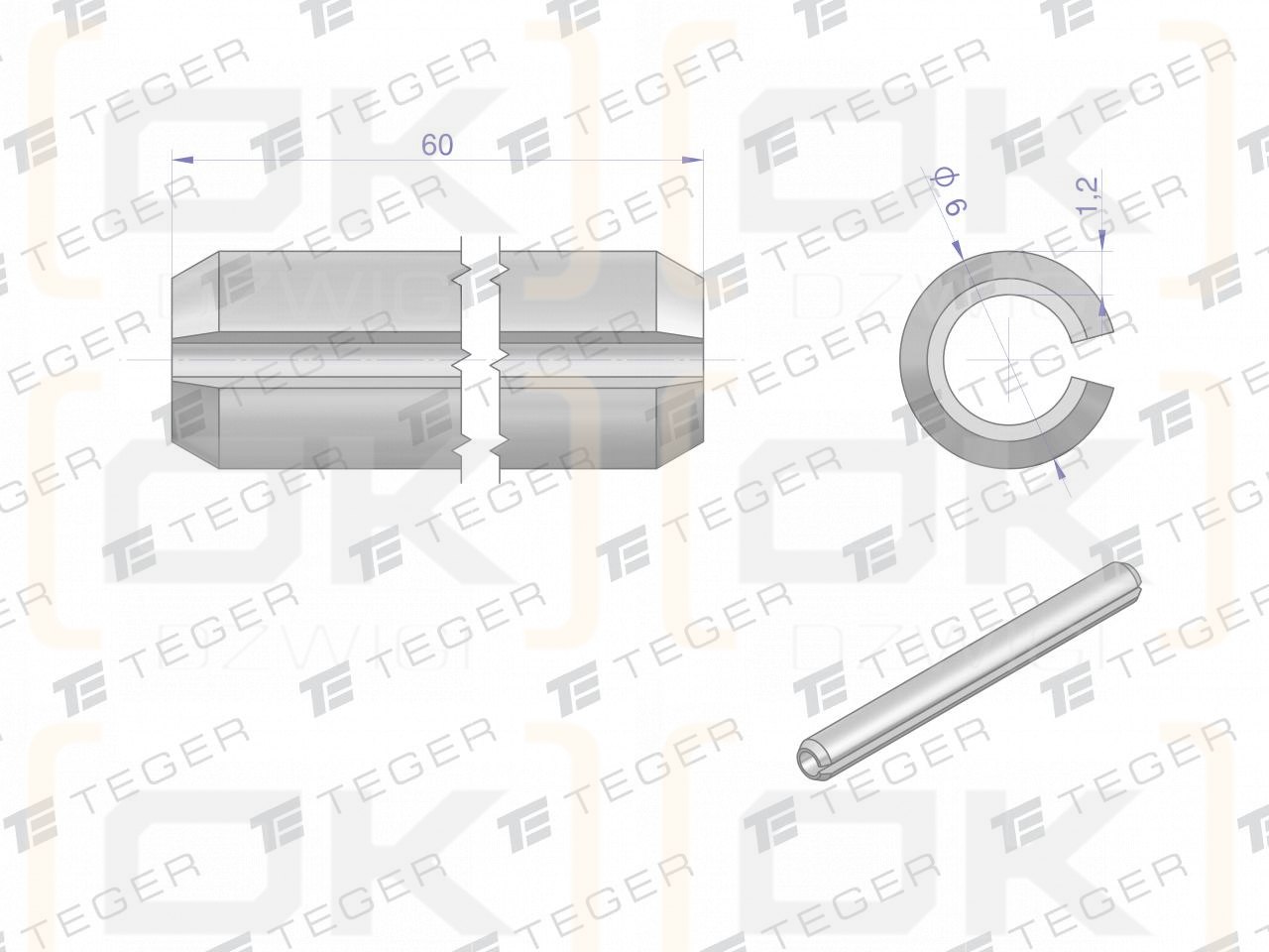 Satz mit 6 x 60 TEGER-Federstiften (im 10er-Satz erhältlich)
