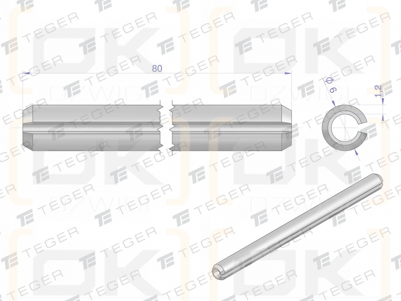 Satz mit 6 x 80 TEGER-Federstiften (im 10er-Satz erhältlich)