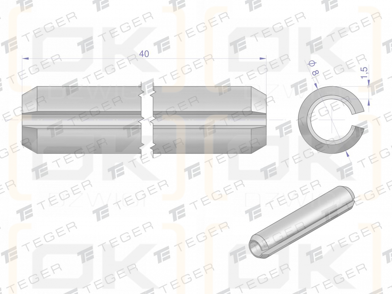 Satz mit 8 x 40 TEGER-Federstiften (im 10er-Satz erhältlich)