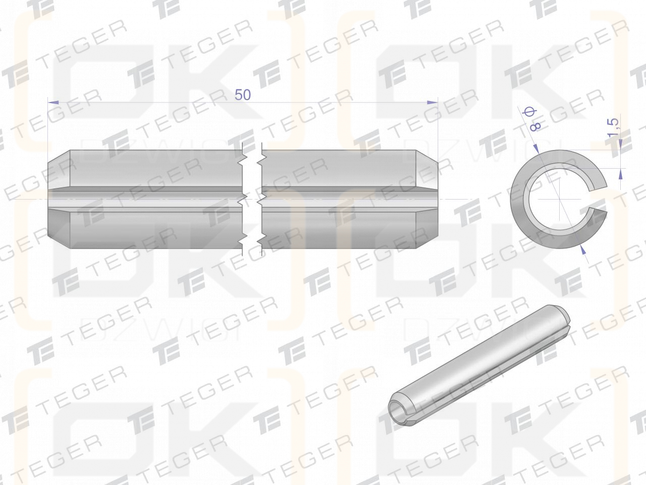 Satz mit 8 x 50 TEGER-Federstiften (im 10er-Set erhältlich)