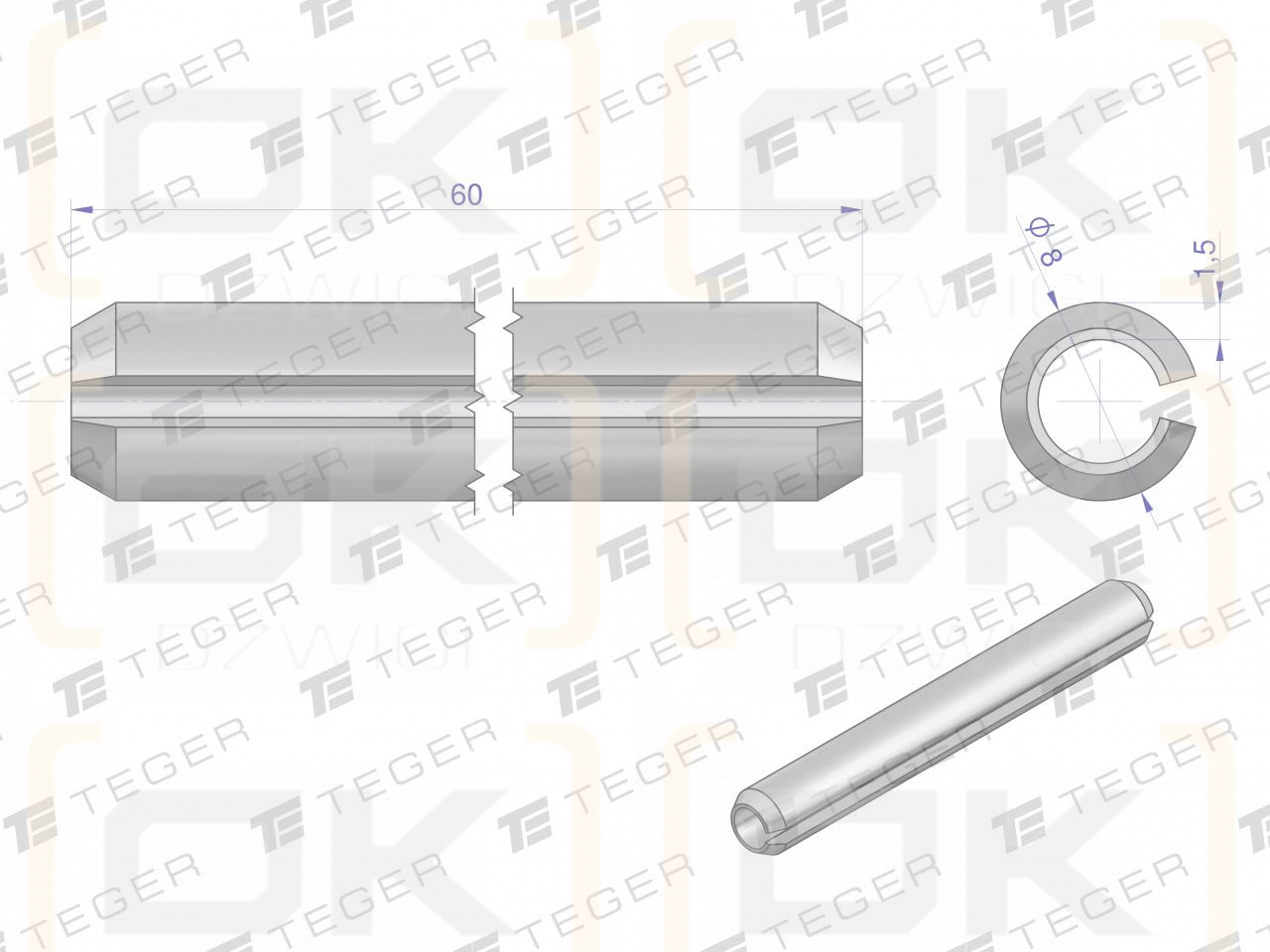 Satz mit 8 x 60 TEGER-Federstiften (im 10er-Satz erhältlich)