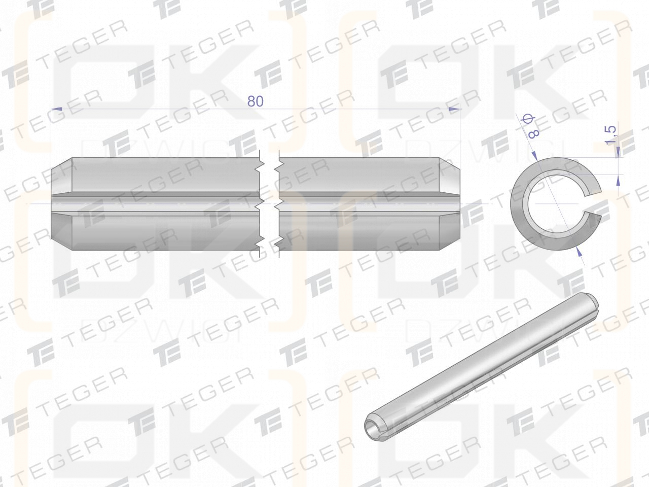 Satz mit 8 x 80 TEGER-Federstiften (im 10er-Satz erhältlich)