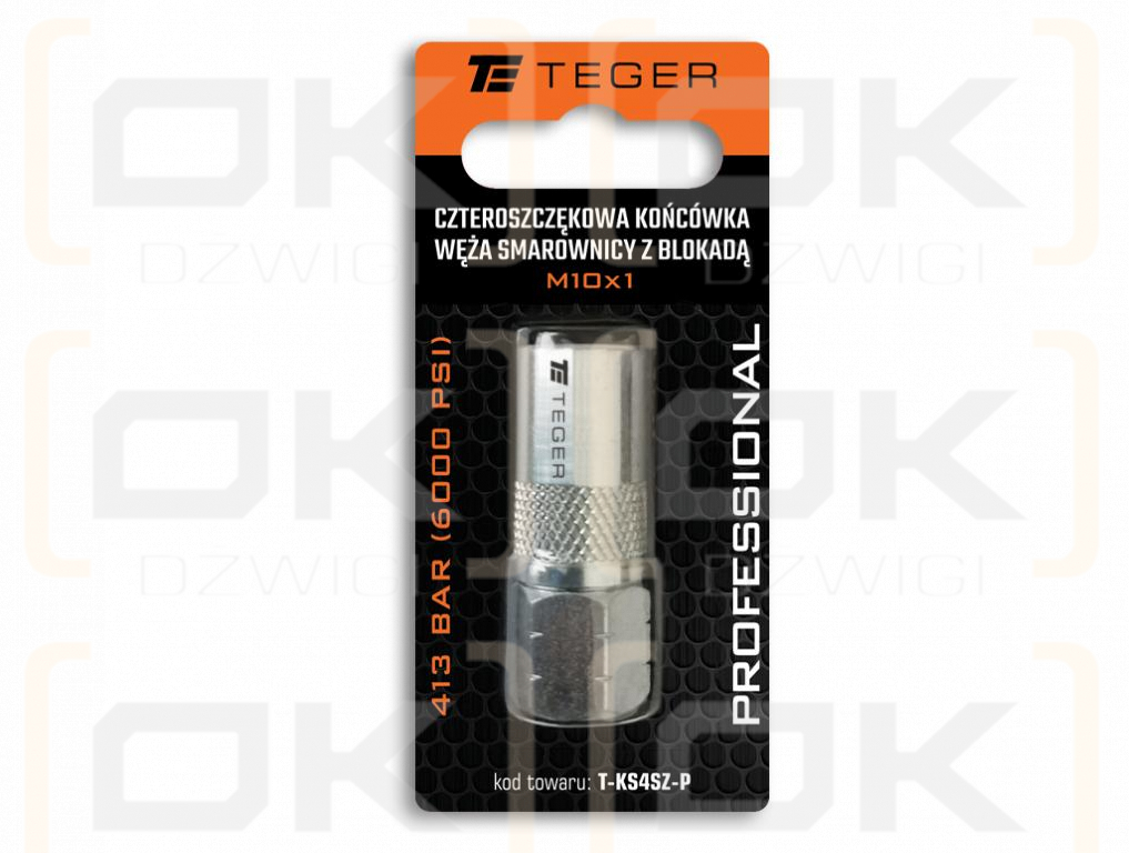Czteroszczękowa końcówka węża smarownicy z blokadą M10x1. 413 BAR (6000 PSI) Professional TEGER