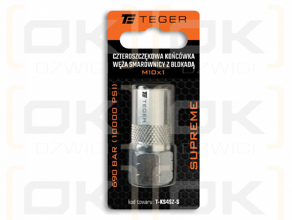 Czteroszczękowa końcówka węża smarownicy z blokadą M10x1. 690 BAR (10000 PSI) Supreme TEGER