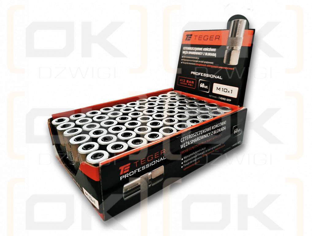 Zestaw w ekspozytorze czteroszczękowych końcówek węża smarownicy z blokadą M10x1. 413 BAR (6000 PSI) Professional TEGER (sprzedawane po 60 szt.)