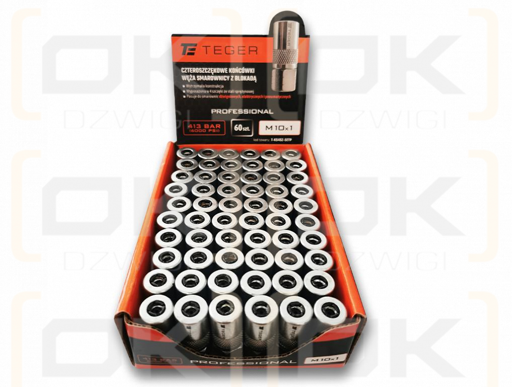 Zestaw w ekspozytorze czteroszczękowych końcówek węża smarownicy z blokadą M10x1. 413 BAR (6000 PSI) Professional TEGER (sprzedawane po 60 szt.)