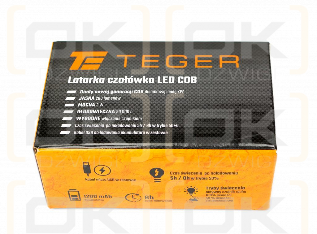 Latarka czołówka LED COB 200 Lm z czujnikiem ruchu USB Teger