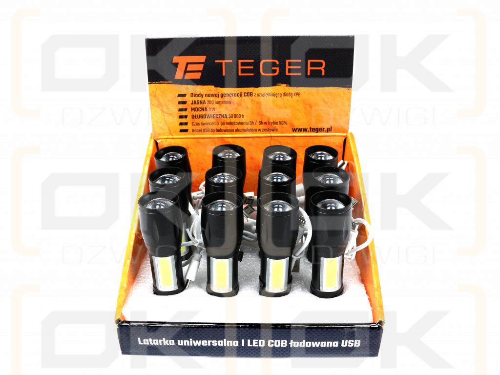 Latarka uniwersalna LED COB 200 lm ładowana USB sprzedawana po 12 szt w kartoniku ekspozycyjnym Teger