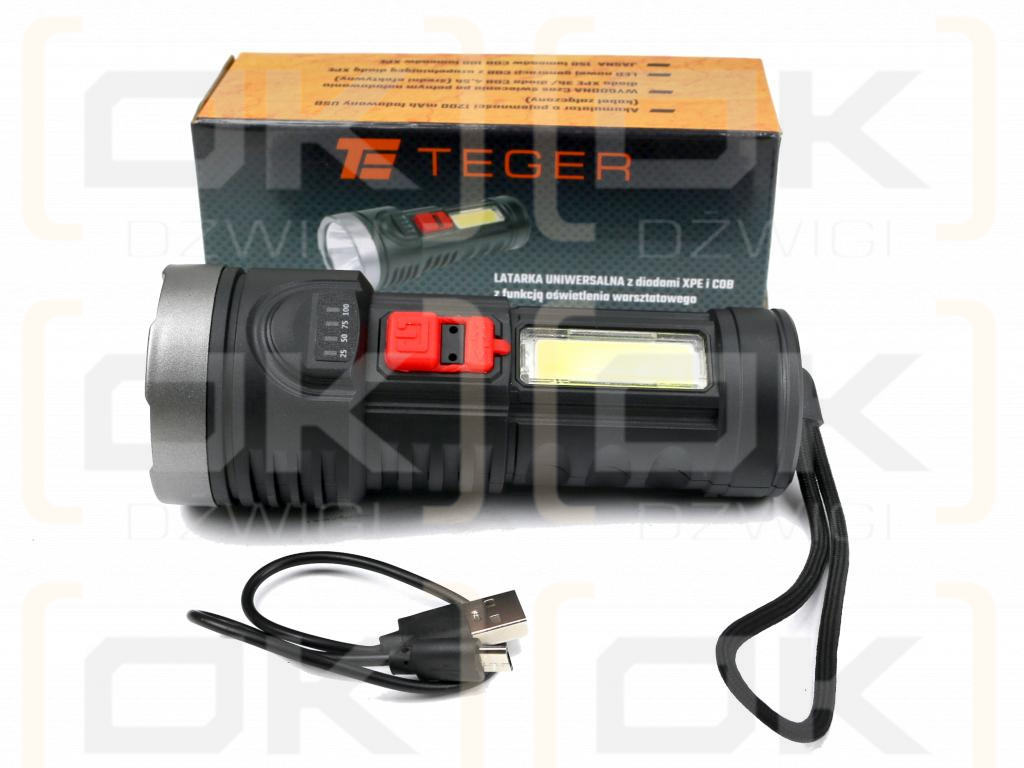 Latarka uniwersalna obudowa z ABS diody LED XPE COB 250 lm z funkcją warsztatową ładowana USB Teger