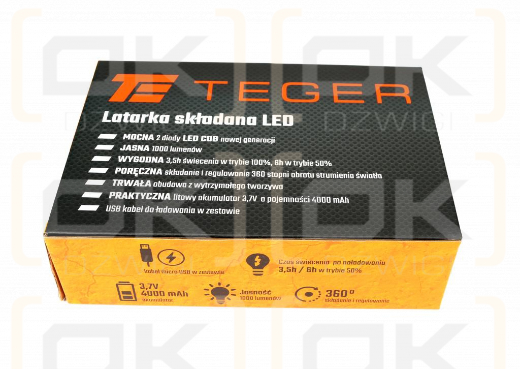 Latarka warsztatowa składana LED COB ład USB Teger