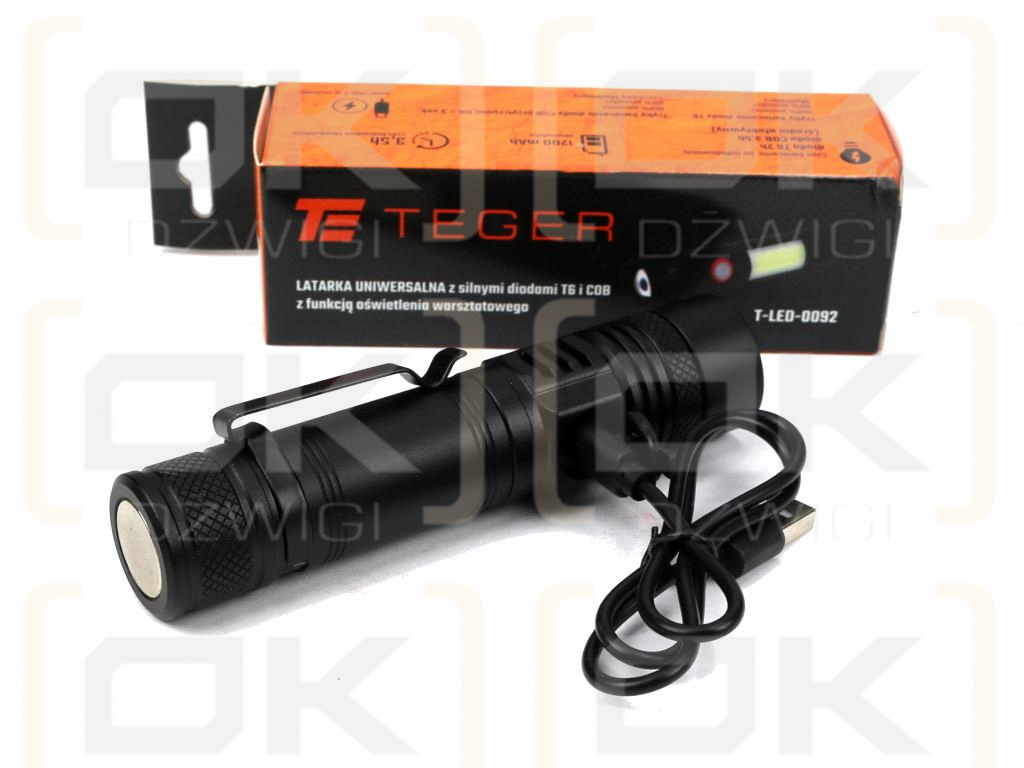 Latarka uniwersalna diody LED typu T6 COB aku 1200 mAh ładowany USB 400 lm Teger