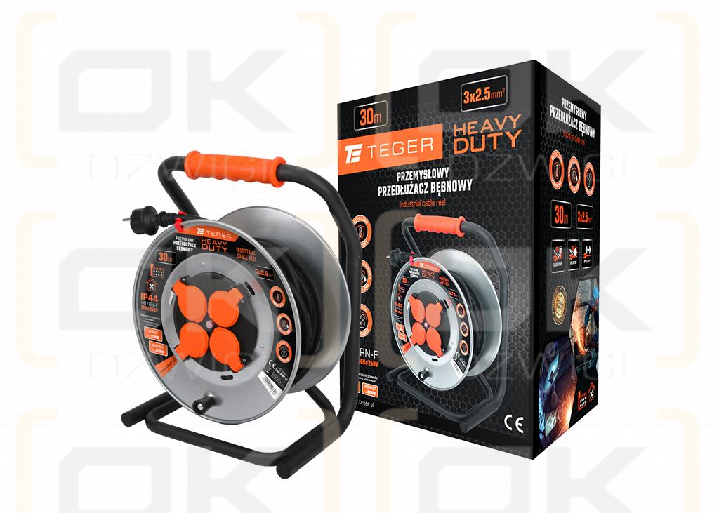 Carrete de cable alargador industrial HEAVY DUTY, 3X2,5mm, IP44, H05RR-F, cert. CE / 30M, Teger