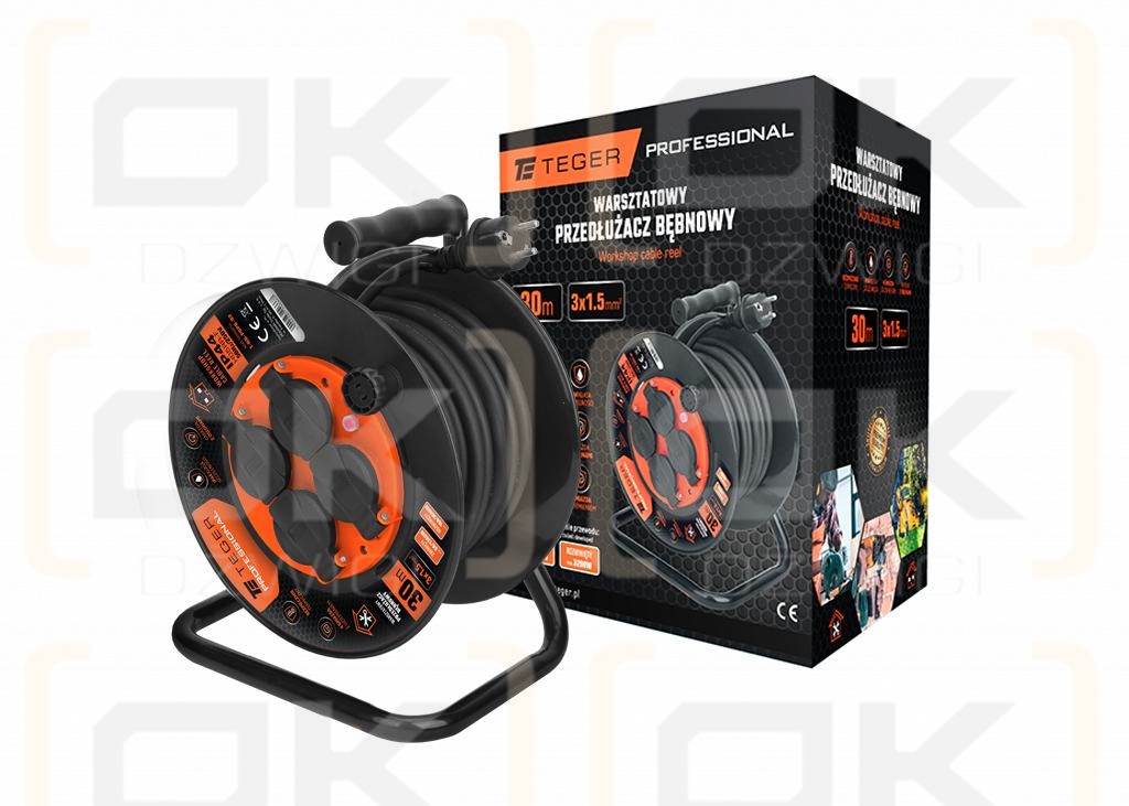 Enrollador de cable alargador de taller PROFESIONAL, 3X1,5mm, IP44, H05RR-F, cert. CE / 30M, Teger