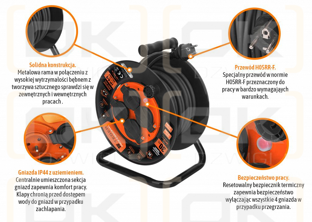 Enrollador de cable alargador de taller PROFESIONAL, 3X1,5mm, IP44, H05RR-F, cert. CE / 30M, Teger