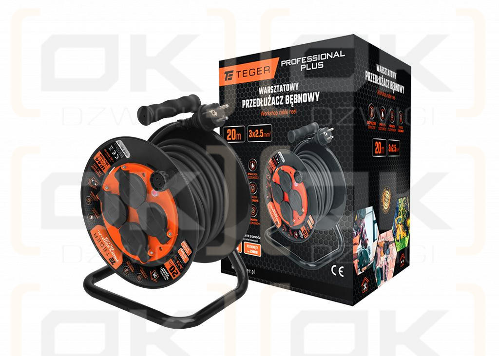 Enrollador de cable alargador de taller PROFESIONAL, 3X2,5mm, IP44, H05RR-F, cert. CE / 20M, Teger