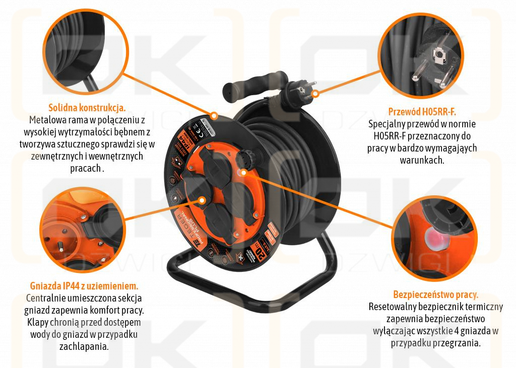 Enrollador de cable alargador de taller PROFESIONAL, 3X2,5mm, IP44, H05RR-F, cert. CE / 20M, Teger