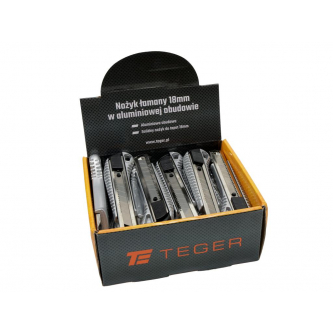 18mm snap-off knives in an aluminum housing in a display box, sold in packs of 24, Teger