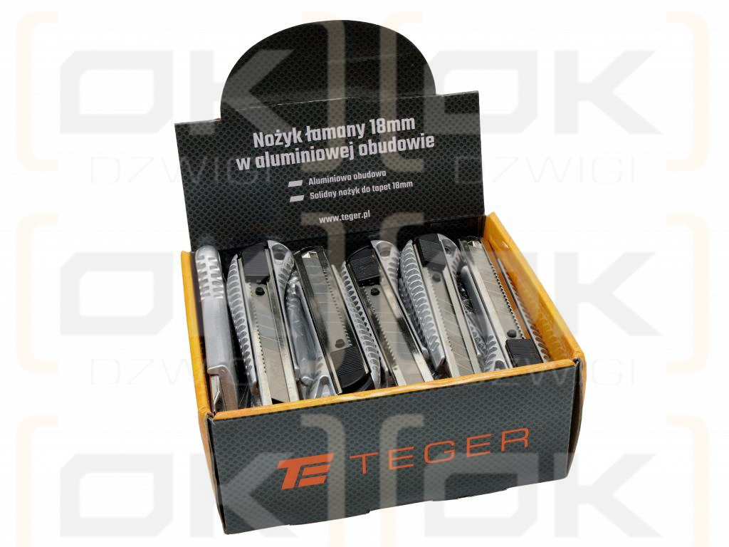 18mm snap-off knives in an aluminum housing in a display box, sold in packs of 24, Teger