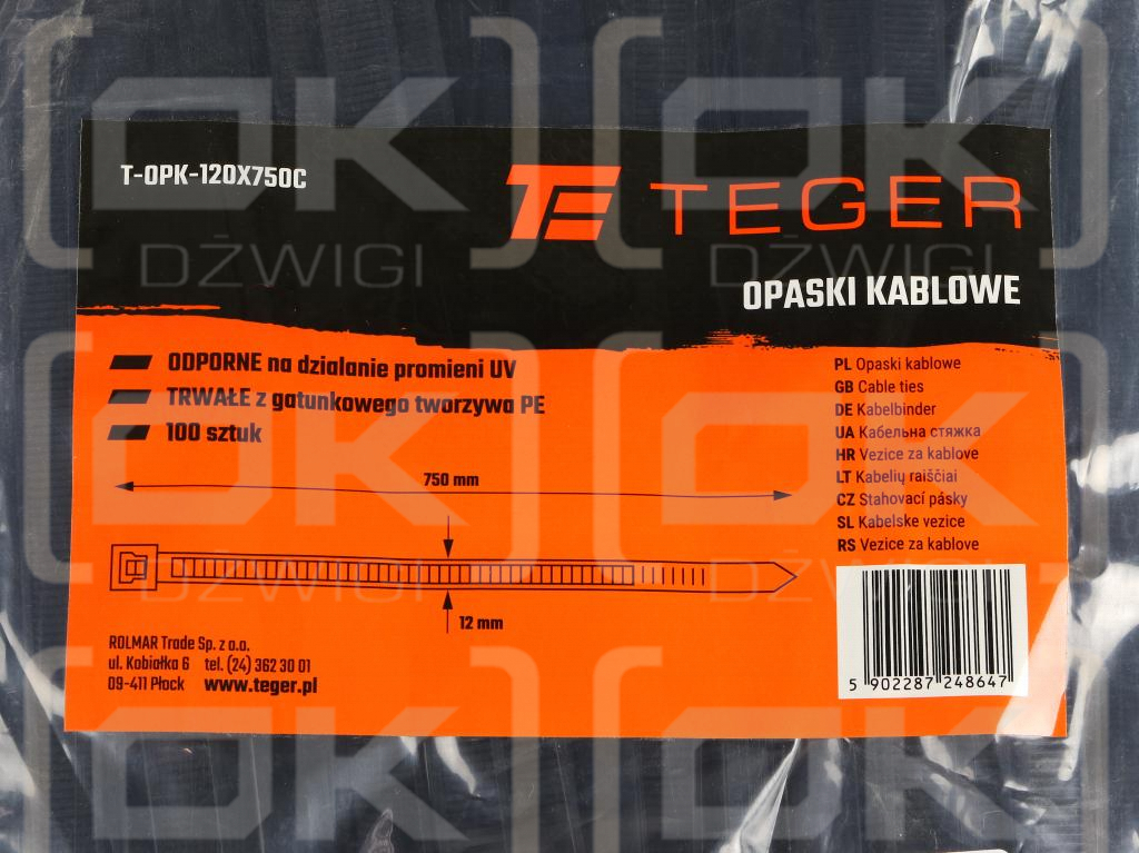 Cable ties, cable ties, tie clips, cable ties, 12.0 x 750mm 100 pcs in a bag black UV resistant, in electrical engineering, electronics, construction and mechanics, Teger