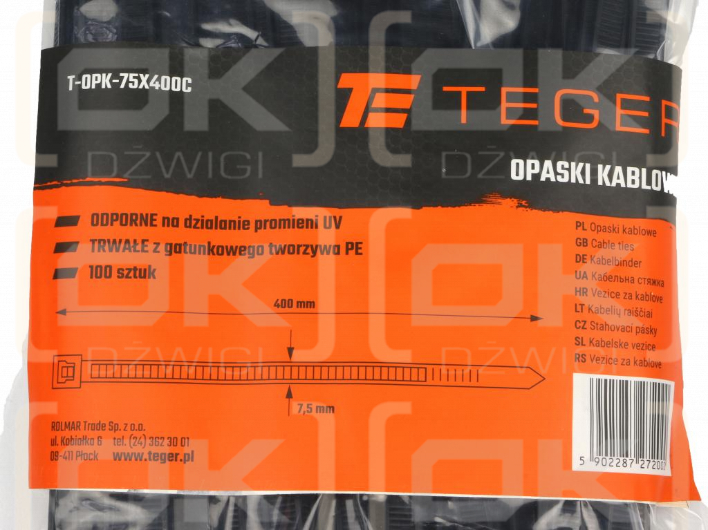 Opaski kablowe, opaski zaciskowe, tyrytytki, trytytki, 7.5 x 400mm 100 szt w worku czarne odporne na UV, Teger
