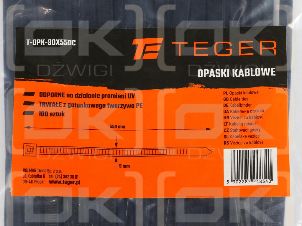 Opaski kablowe, opaski zaciskowe, tyrytytki, trytytki, 9.0 x 550mm 100 szt w worku czarne odporne na UV, w elektrotechnice, elektronice, budownictwie i mechanice, Teger