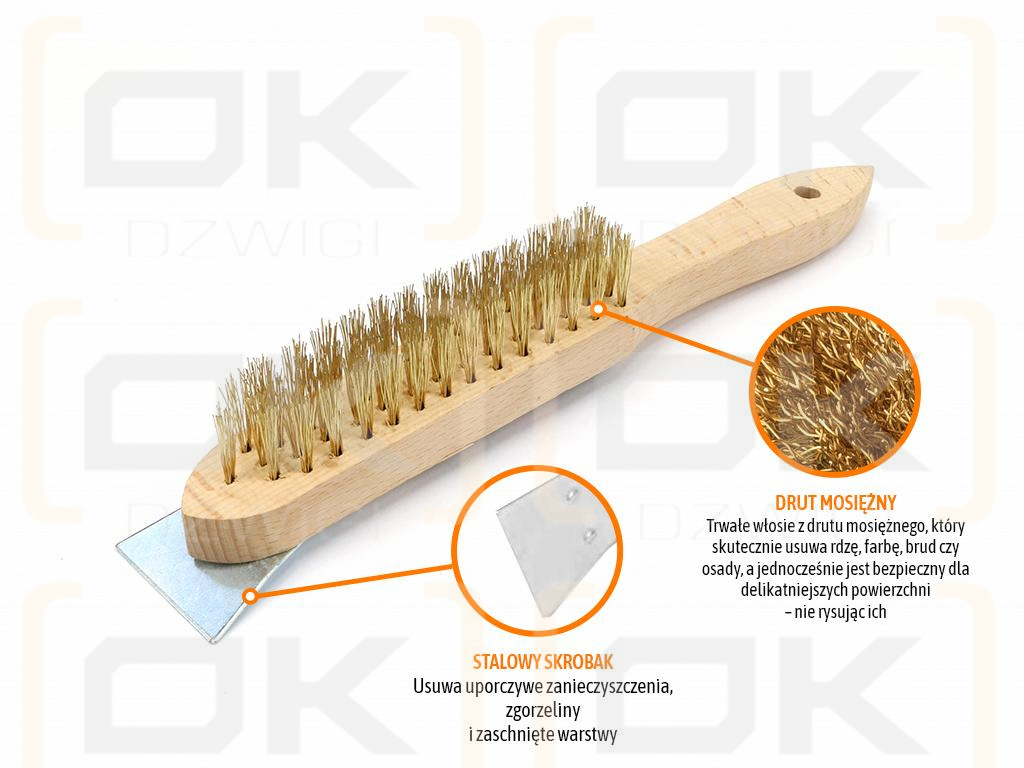 Szczotka druciana do rdzy PREMIUM - ze skrobakiem - drut mosiądzowany / 4 rzędowa / TEGER