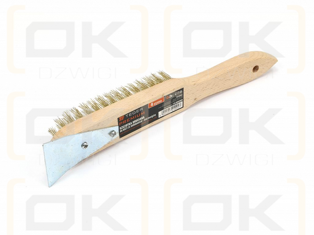 Szczotka druciana do rdzy PREMIUM - ze skrobakiem - drut mosiądzowany / 4 rzędowa / TEGER