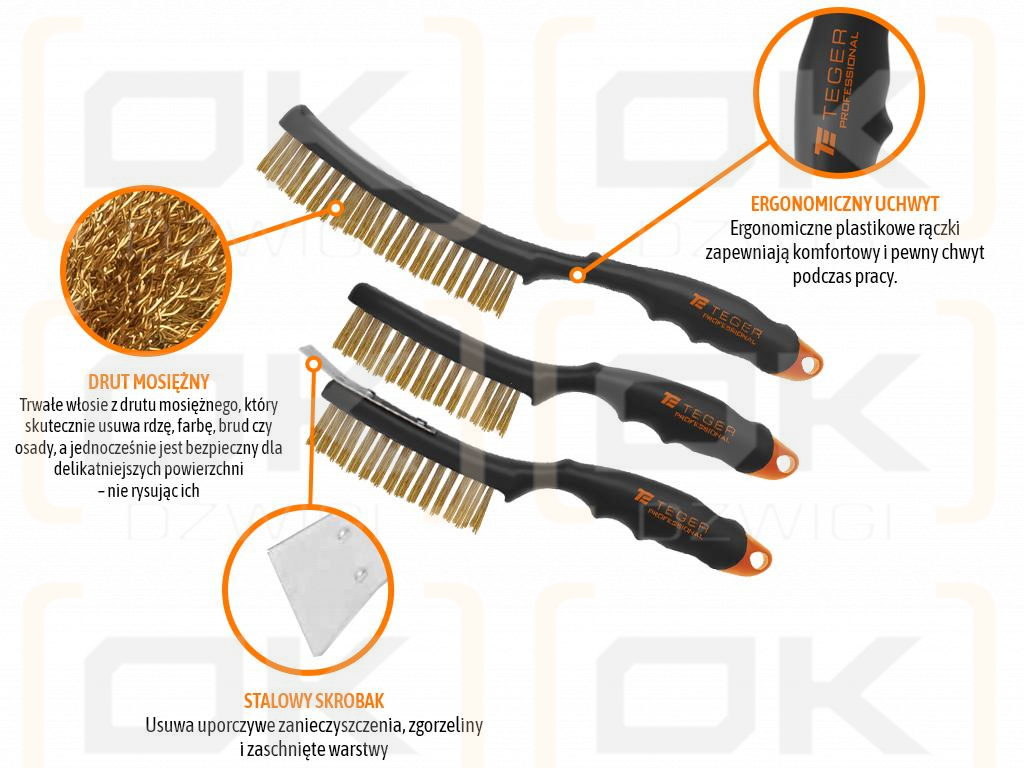 PROFESSIONAL rust removal wire brush set, brass wire, 3/4 row, with scraper, with plastic handle, (3 pcs), Teger