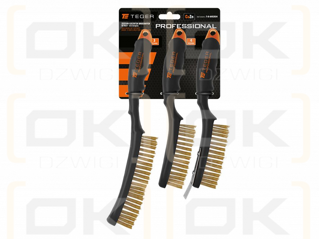 PROFESSIONAL rust removal wire brush set, brass wire, 3/4 row, with scraper, with plastic handle, (3 pcs), Teger