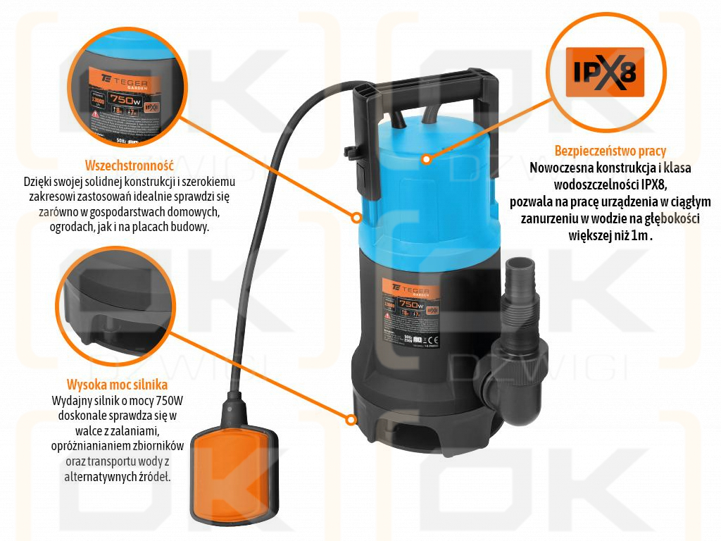 Tauchpumpe für sauberes und schmutziges Wasser 750W, (Schwimmerschalter), TEGER