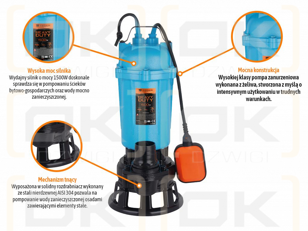 Tauchpumpe für Schmutzwasser und Abwasser mit Zerkleinerer 1500W HEAVY DUTY, (Schwimmerschalter), TEGER