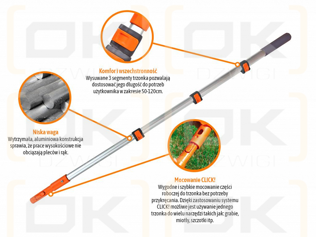 Mango de aluminio - telescópico, 120 cm (montaje CLICK), Teger