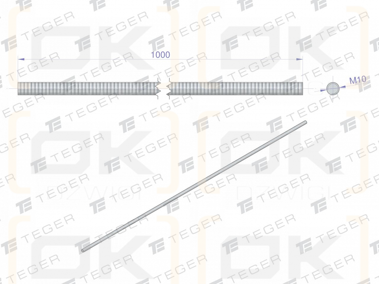 Резьбовой стержень М10 х 1000 мм класс 8.8 DIN 975 оцинкованный TEGER (продается комплектами по 5 шт.)