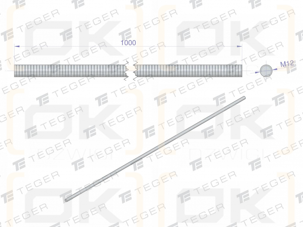 Резьбовой стержень М12 х 1000 мм класс 8.8 DIN 975 оцинкованный TEGER (продается комплектами по 5 шт.)