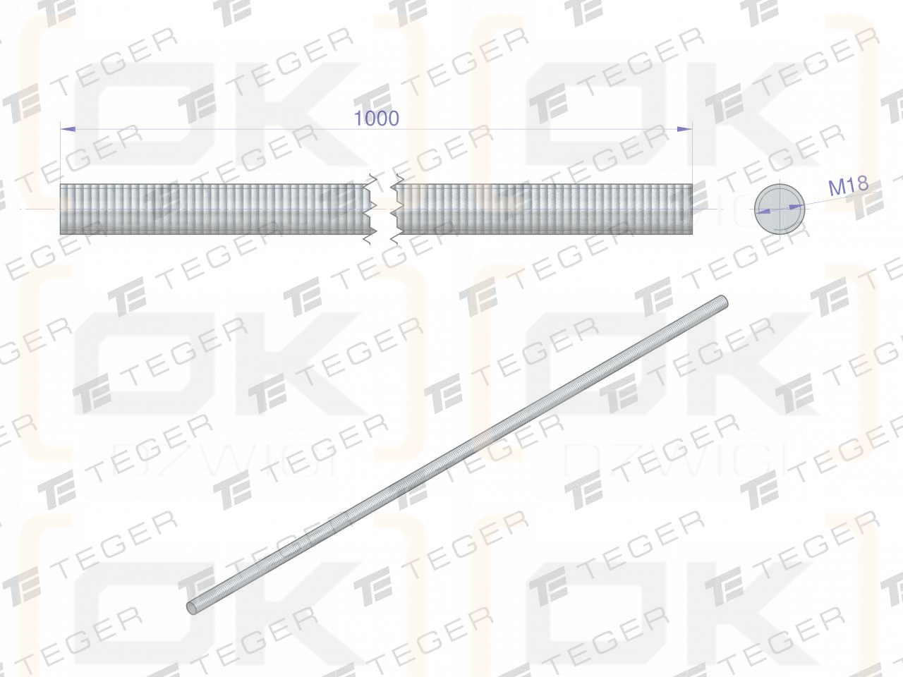 Резьбовой стержень М18 х 1000 мм класс 8.8 DIN 975 оцинкованный TEGER