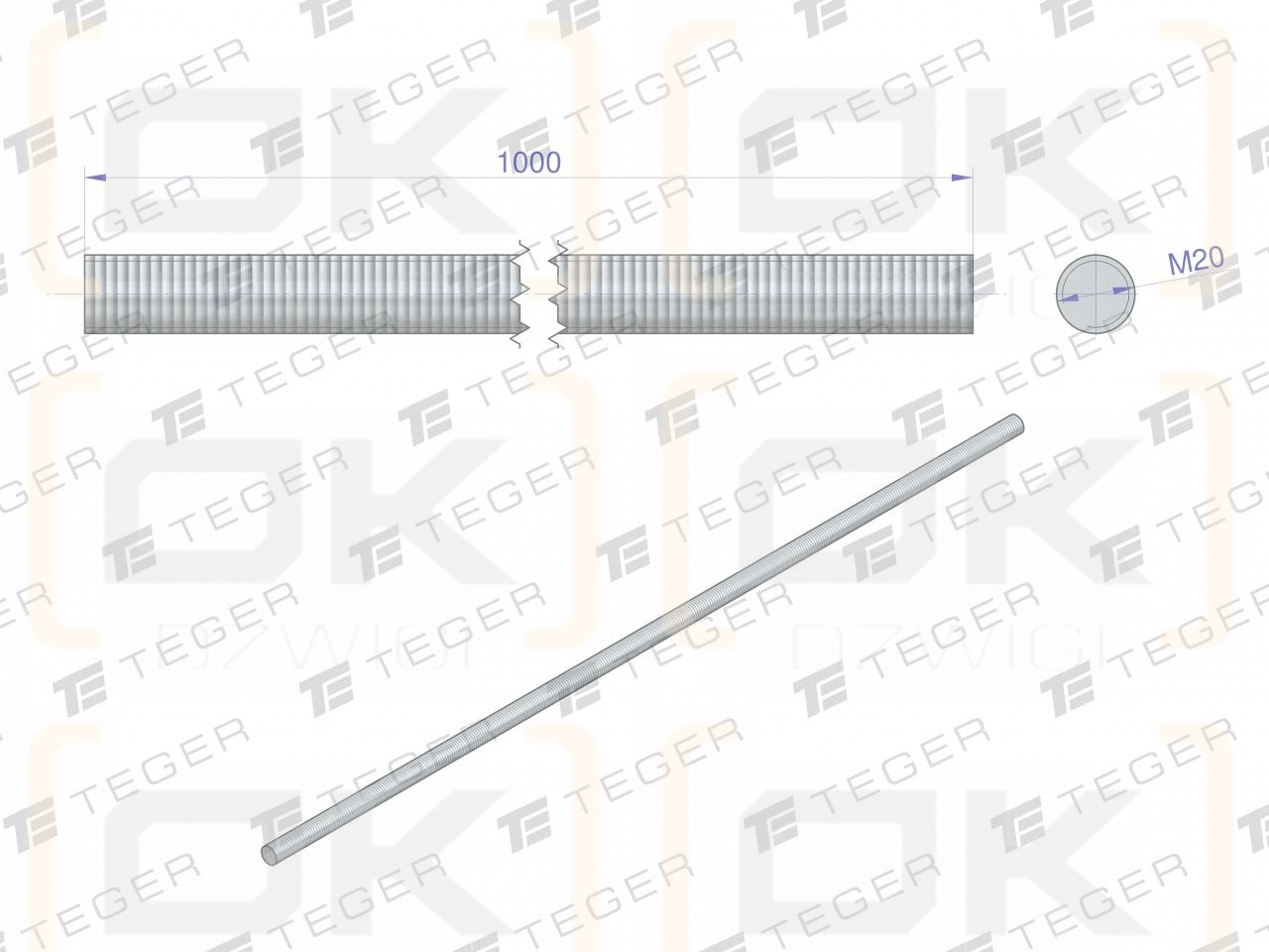 Резьбовой стержень М20 х 1000 мм класс 8.8 DIN 975 оцинкованный TEGER