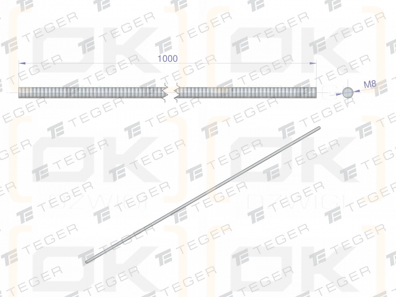 Резьбовой стержень М8 х 1000 мм класс 8.8 DIN 975 оцинкованный TEGER (продается комплектами по 5 шт.)