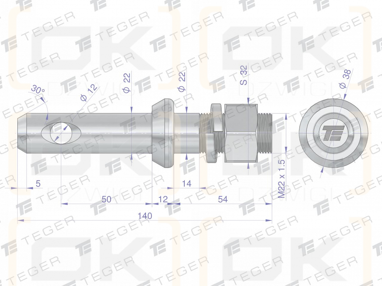 Sworzeń z gwintem T-SG22502240140 fi 22/50 mm M22x1.5/40 mm  140 mm TEGER