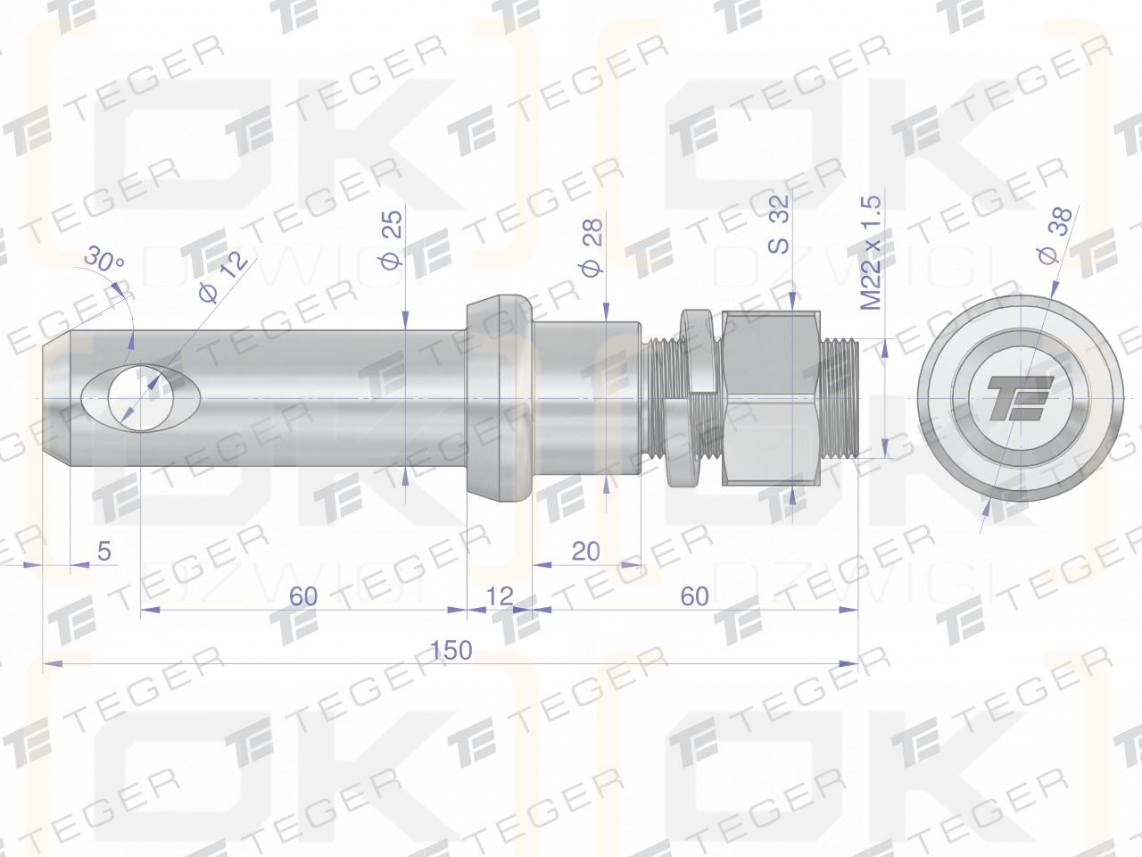 Sworzeń z gwintem T-SG25602240150 fi 25/60 mm M22x1.5/40 mm  150 mm TEGER