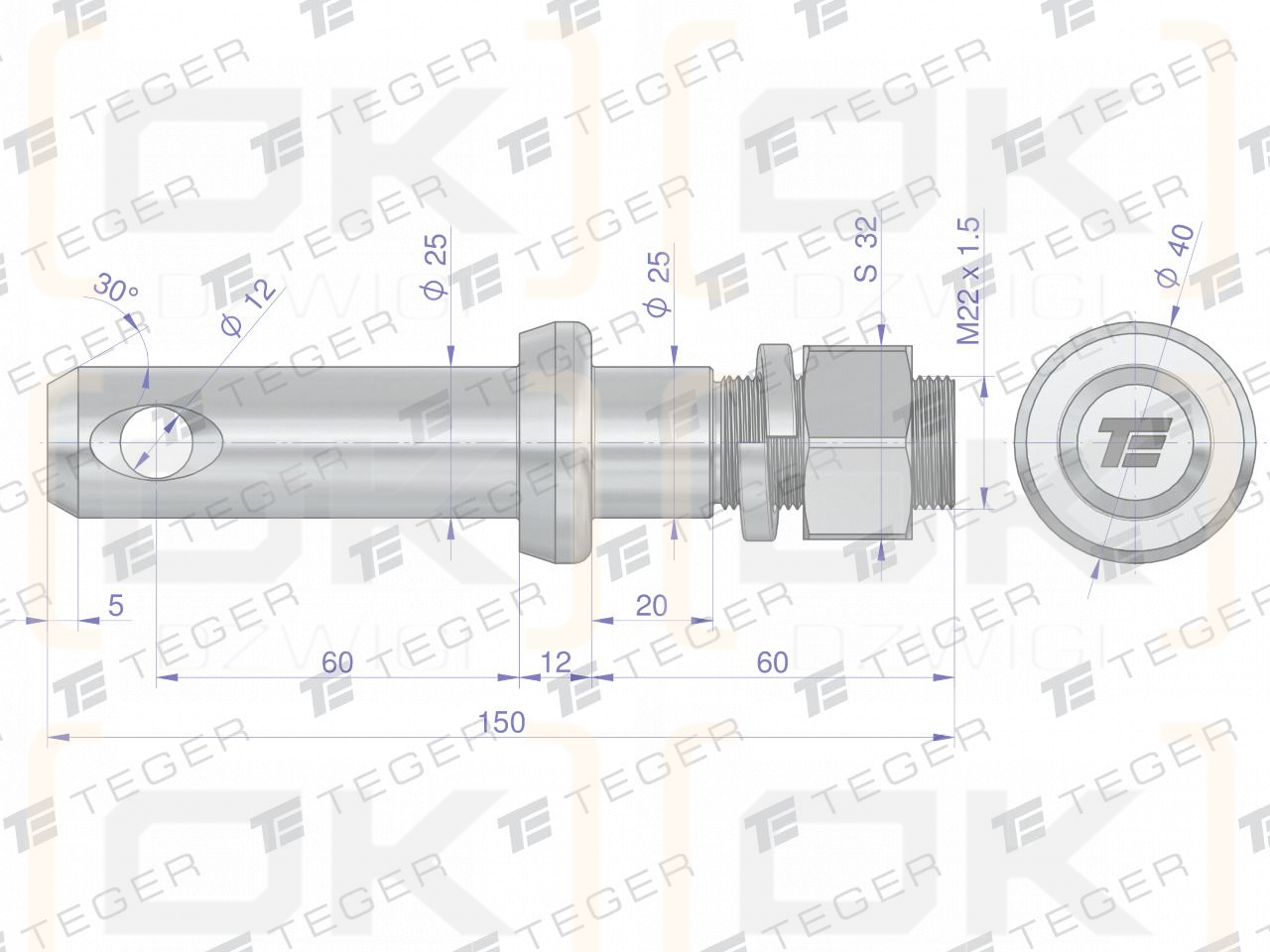 Sworzeń z gwintem T-SG25602550150 fi 25/60 mm M22x1.5/40 mm  150 mm TEGER