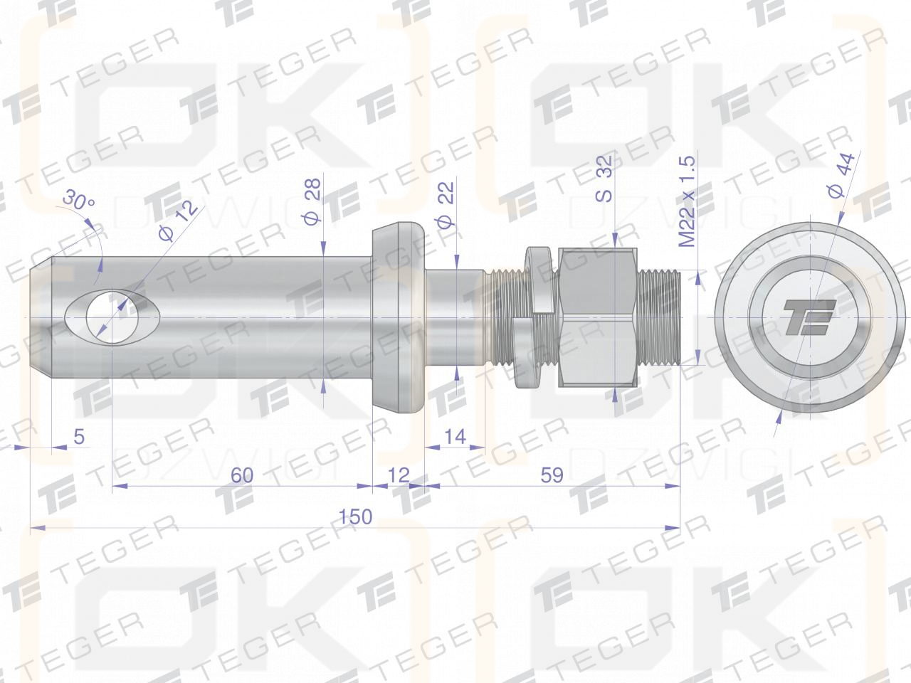 Sworzeń z gwintem T-SG28602245150 fi 28/60 mm M22x1.5/45 mm  150 mm TEGER