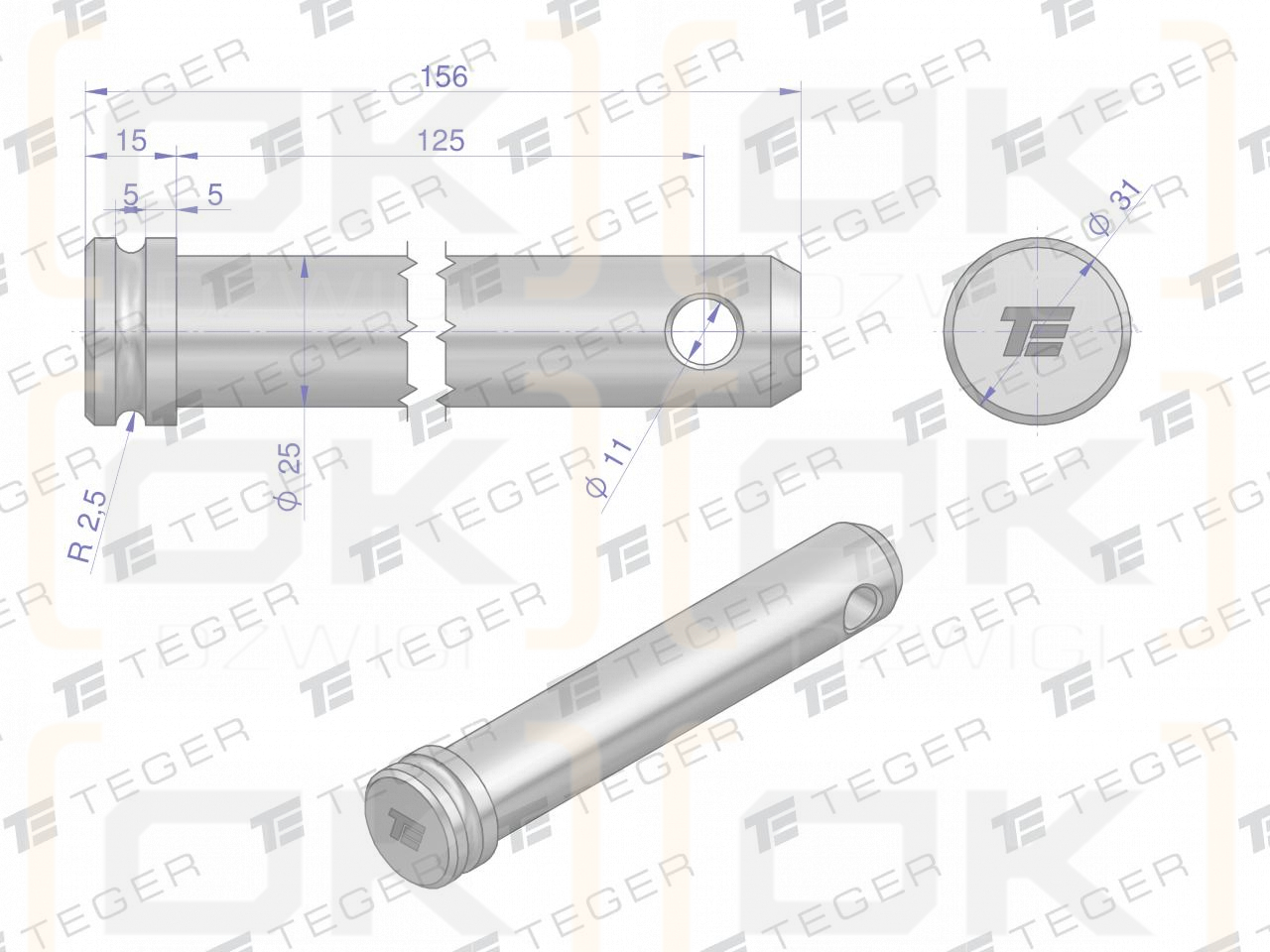 Sworzeń łącznika górnego 25x125x156 TEGER